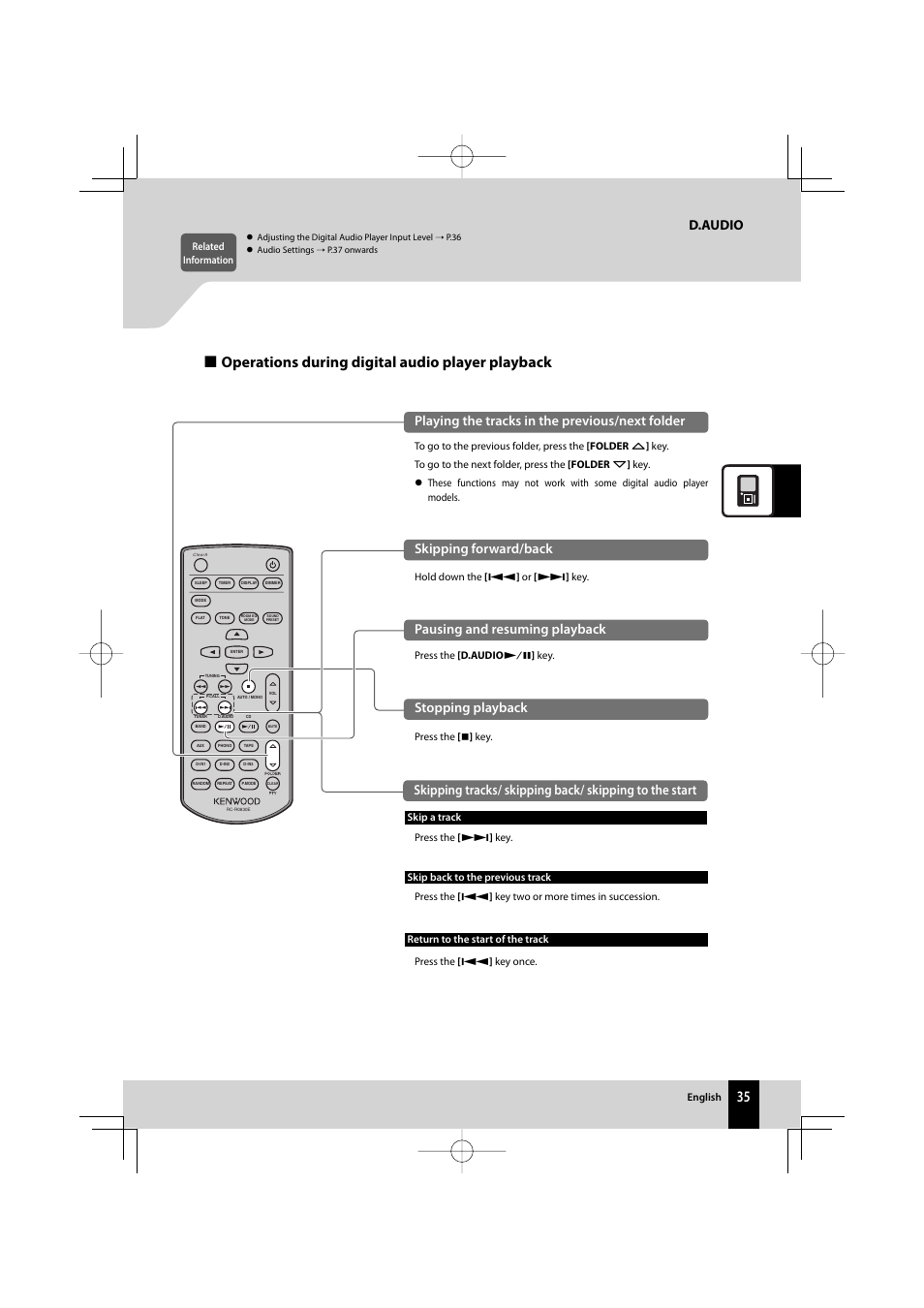 Operations during digital audio player playback, D.audio, Skipping forward/back | Pausing and resuming playback, Stopping playback, Playing the tracks in the previous/next folder | Kenwood AMPLIFIER/TUNER R-K1000 User Manual | Page 35 / 68