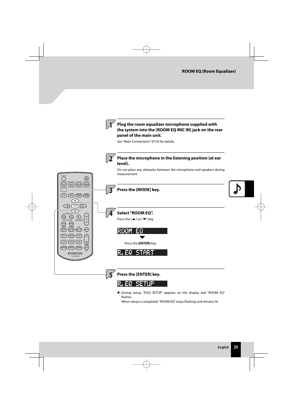 Room eq (room equalizer), Press the [enter] key, Select “room eq | Press the [mode] key | Kenwood AMPLIFIER/TUNER R-K1000 User Manual | Page 39 / 68