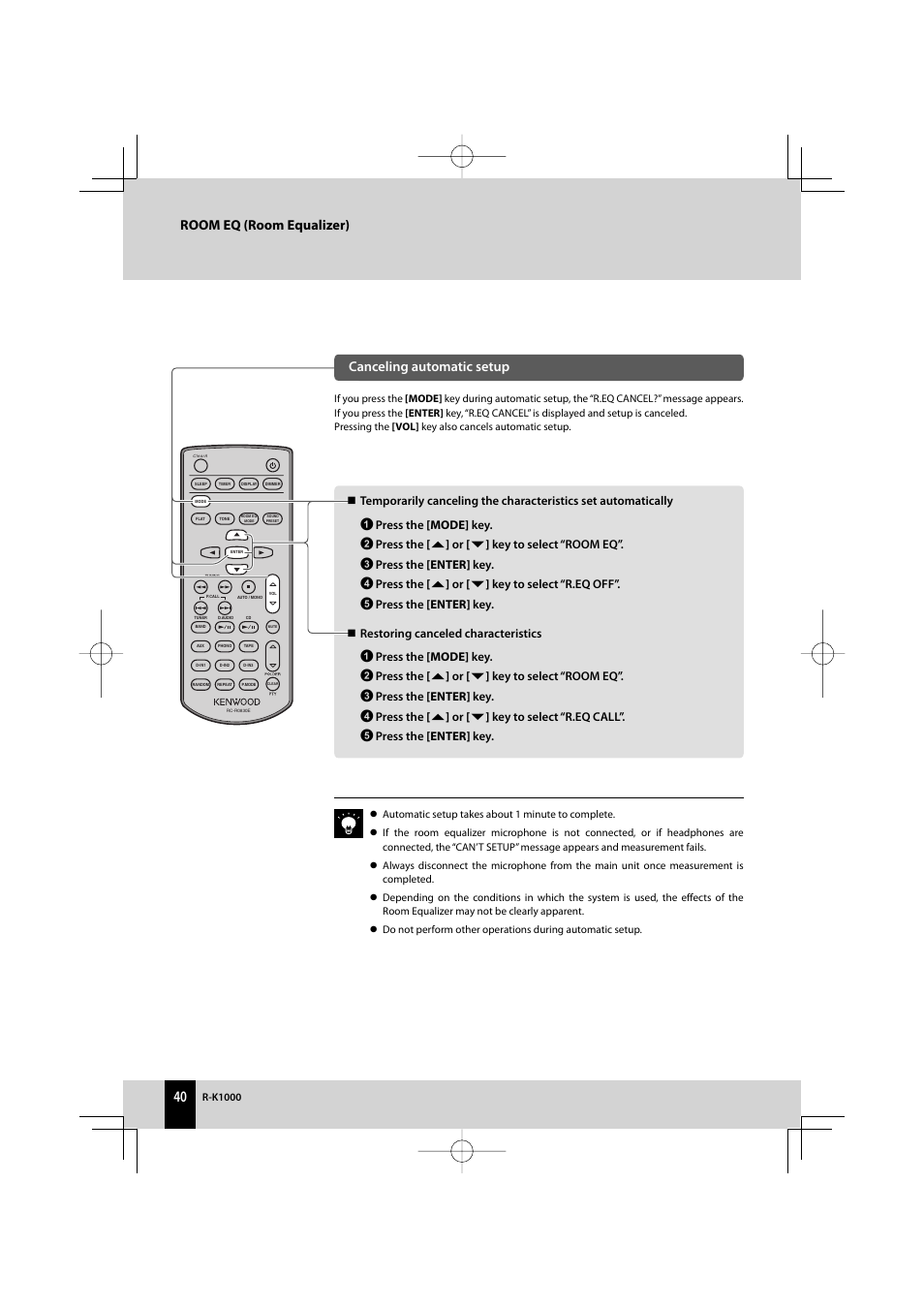 Room eq (room equalizer), Canceling automatic setup, R-k1000 | Kenwood AMPLIFIER/TUNER R-K1000 User Manual | Page 40 / 68