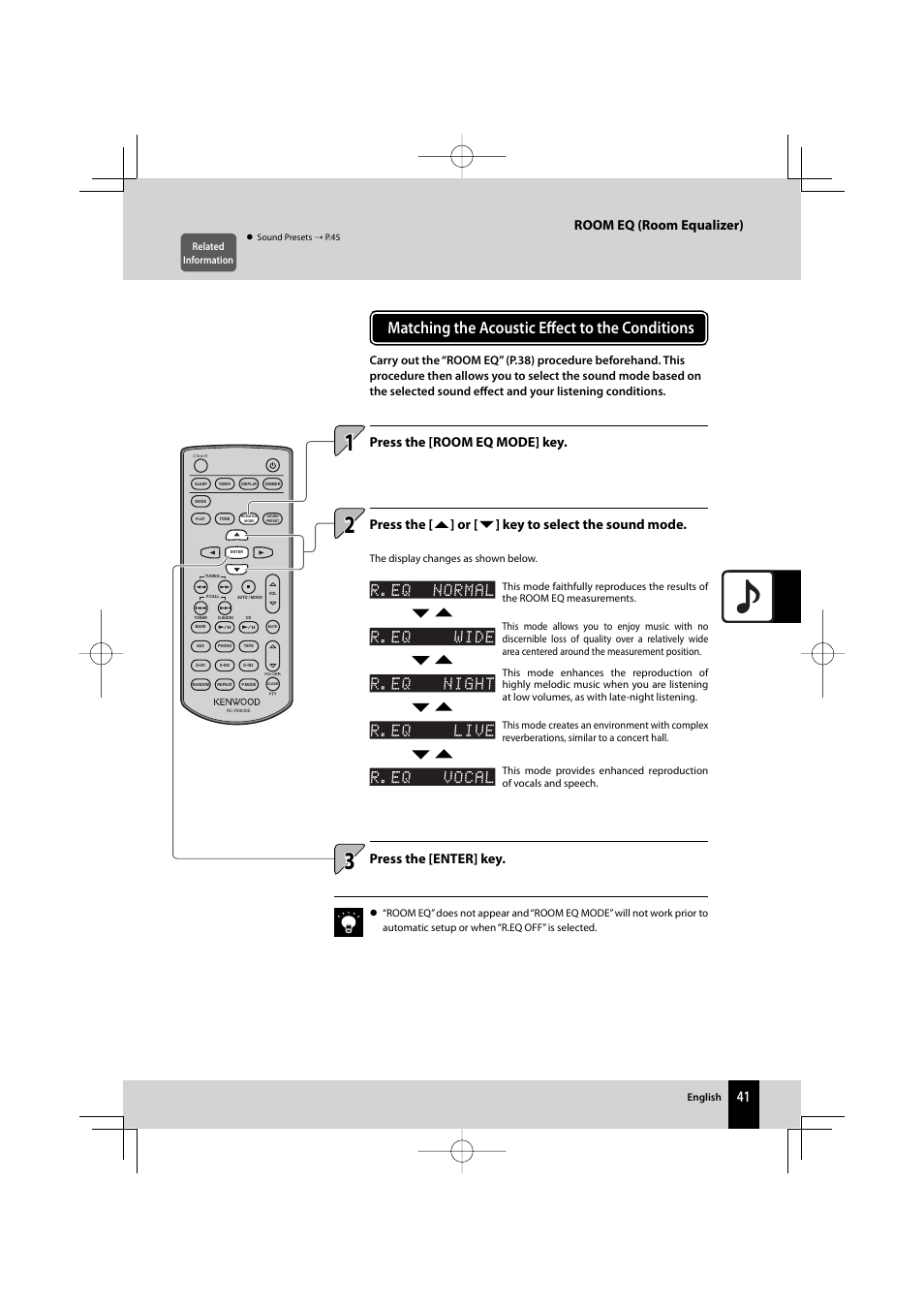 Matching the acoustic eff ect to the conditions, Room eq (room equalizer), Press the [room eq mode] key | Press the [enter] key | Kenwood AMPLIFIER/TUNER R-K1000 User Manual | Page 41 / 68