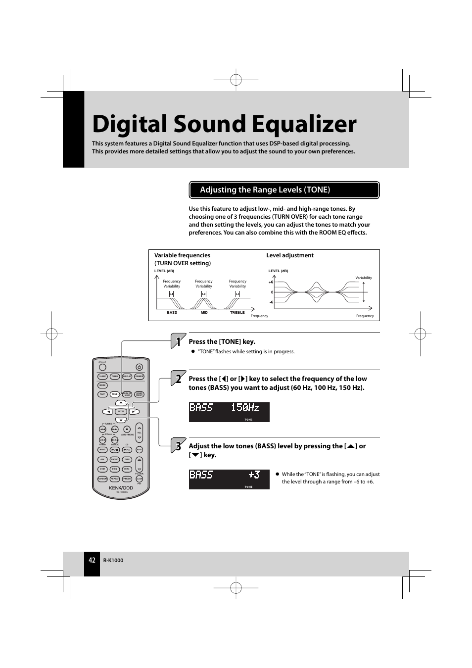 Digital sound equalizer, Adjusting the range levels (tone), Press the [tone] key | Kenwood AMPLIFIER/TUNER R-K1000 User Manual | Page 42 / 68