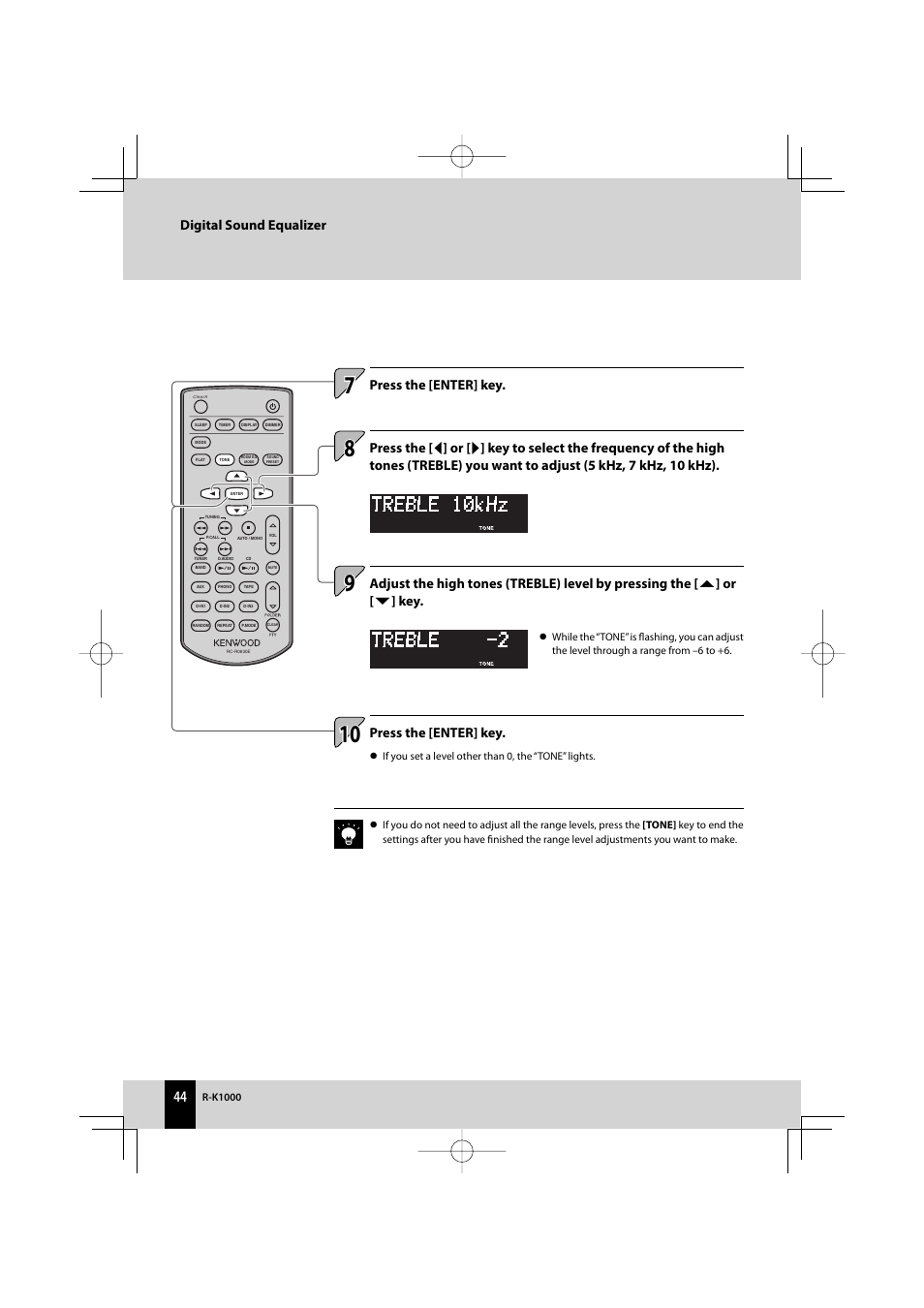 Digital sound equalizer, Press the [enter] key | Kenwood AMPLIFIER/TUNER R-K1000 User Manual | Page 44 / 68