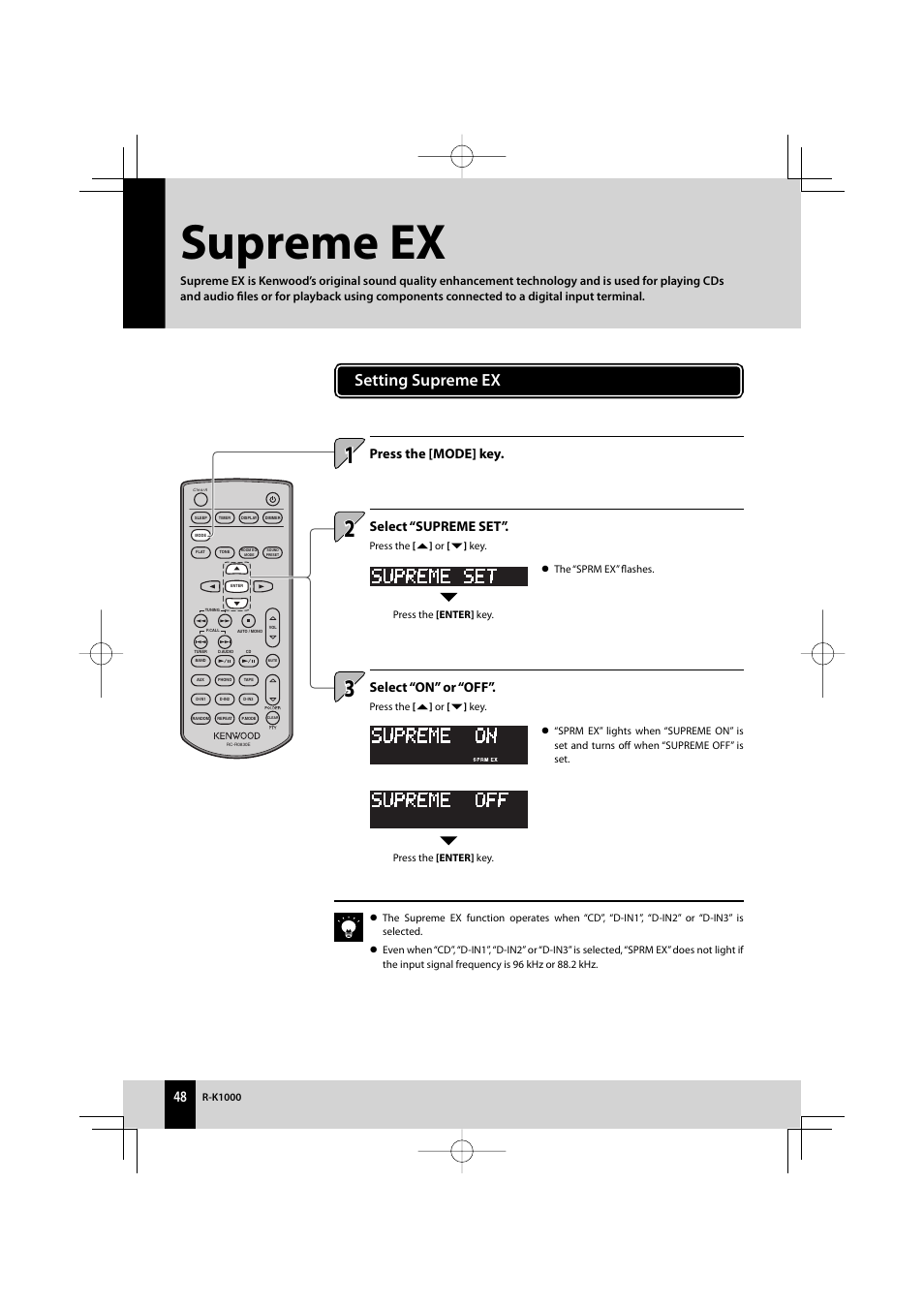 Supreme ex, Setting supreme ex, Select “supreme set | Select “on” or “off, Press the [mode] key | Kenwood AMPLIFIER/TUNER R-K1000 User Manual | Page 48 / 68