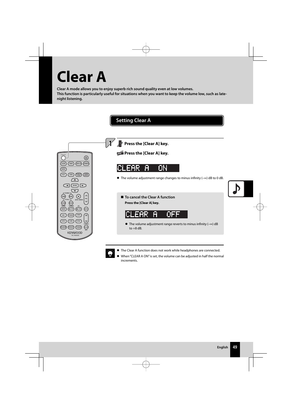 Clear a, Setting clear a, Press the [clear a] key | Kenwood AMPLIFIER/TUNER R-K1000 User Manual | Page 49 / 68