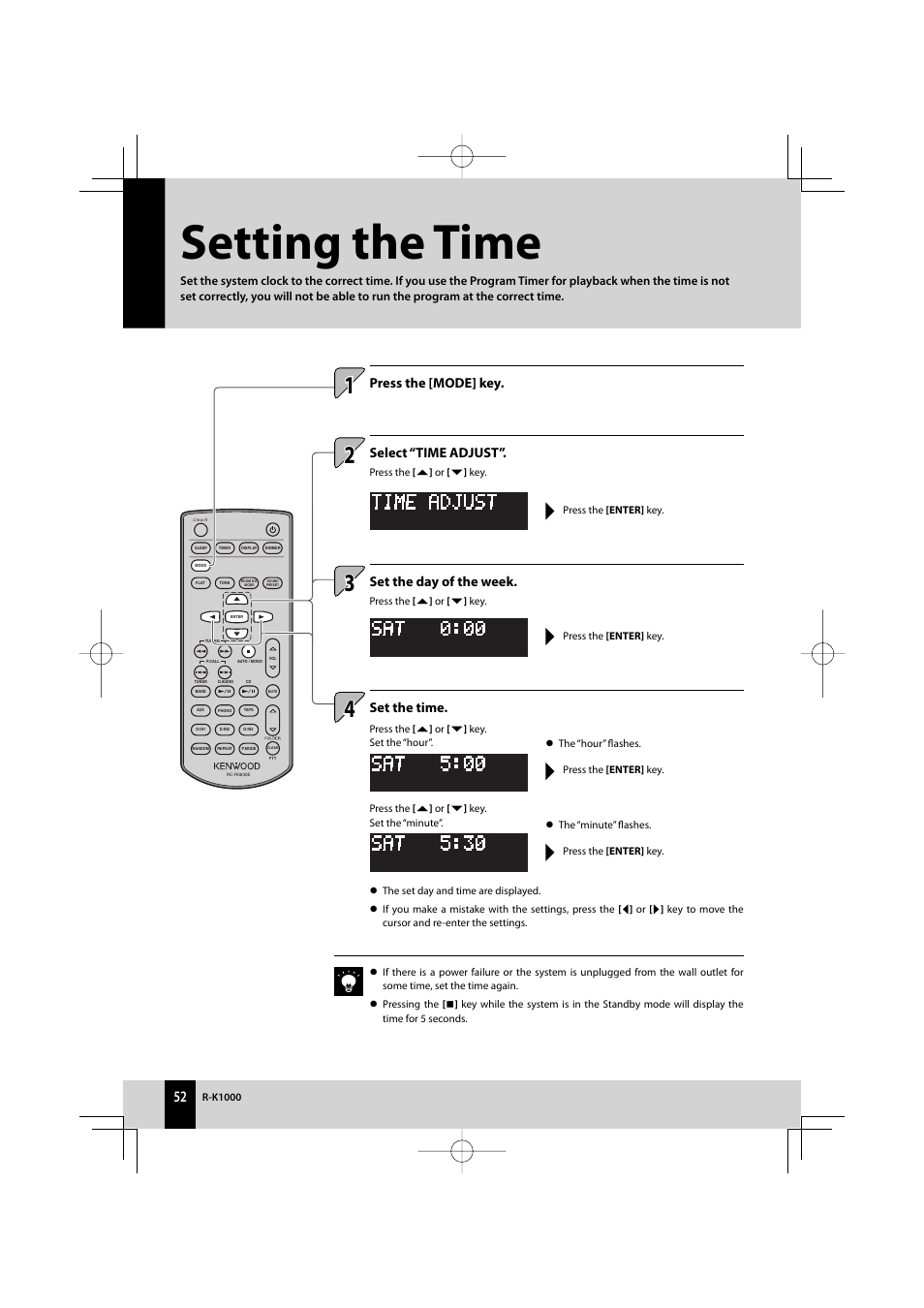 Setting the time, Set the time, Select “time adjust | Set the day of the week, Press the [mode] key | Kenwood AMPLIFIER/TUNER R-K1000 User Manual | Page 52 / 68
