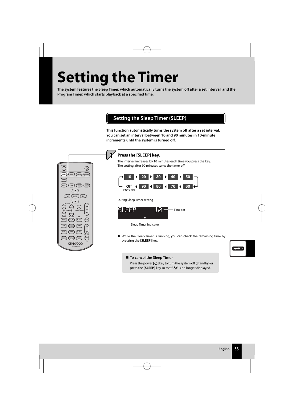 Setting the timer, Setting the sleep timer (sleep), Press the [sleep] key | Kenwood AMPLIFIER/TUNER R-K1000 User Manual | Page 53 / 68