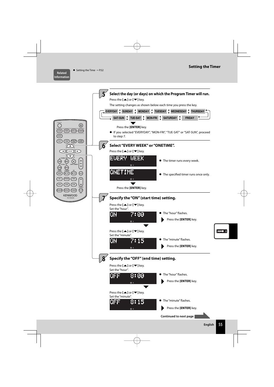 Setting the timer, Specify the “on” (start time) setting, Specify the “off” (end time) setting | Select “every week” or “onetime | Kenwood AMPLIFIER/TUNER R-K1000 User Manual | Page 55 / 68