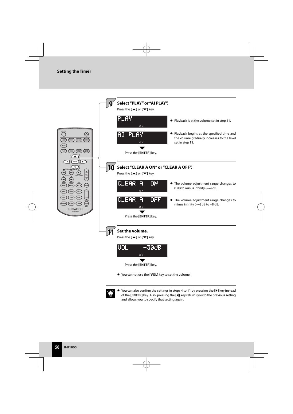 Setting the timer, Select “play” or “ai play, Select “clear a on” or “clear a off | Set the volume | Kenwood AMPLIFIER/TUNER R-K1000 User Manual | Page 56 / 68