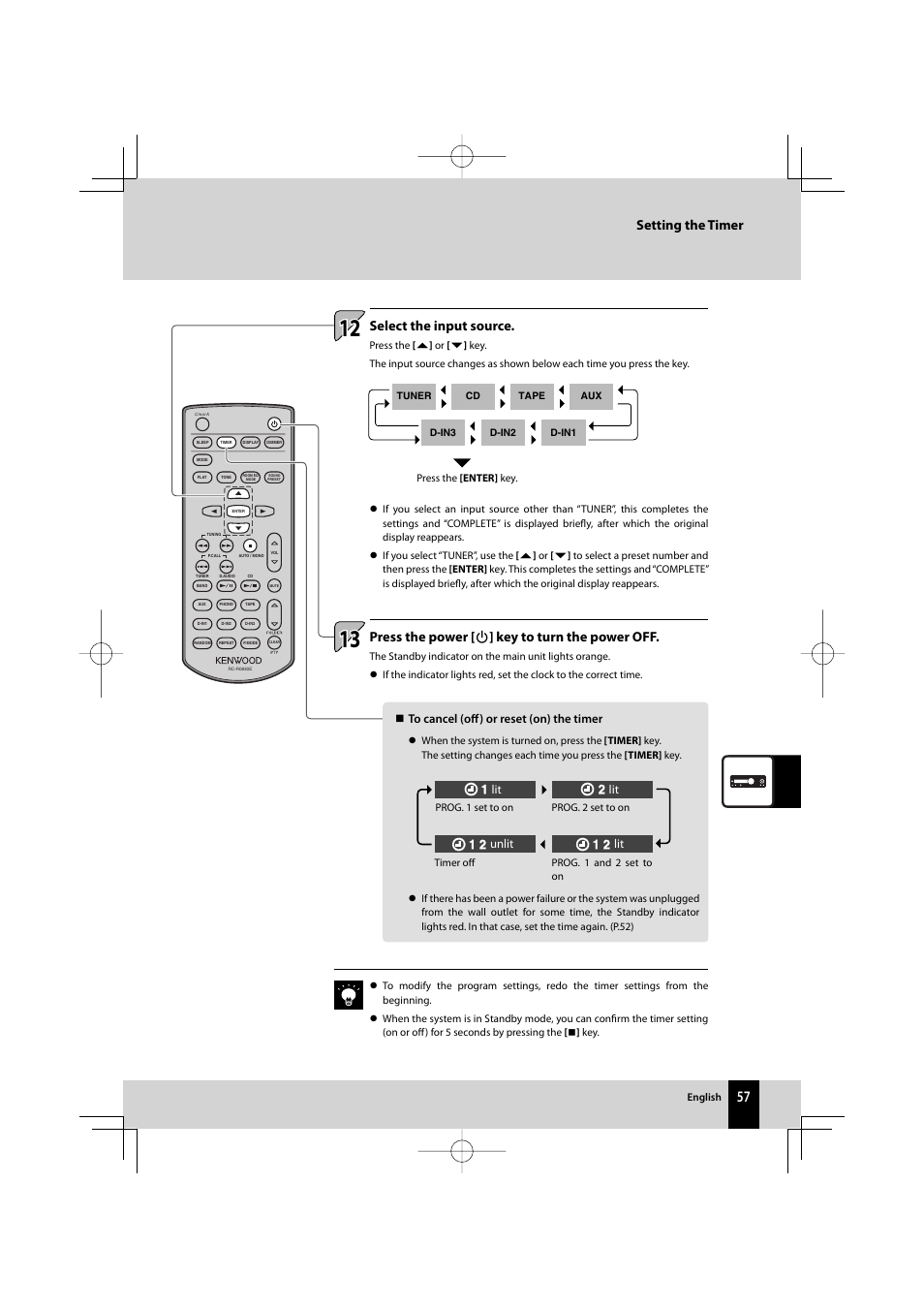 Setting the timer, Press the power [ k ] key to turn the power off, Select the input source | Kenwood AMPLIFIER/TUNER R-K1000 User Manual | Page 57 / 68