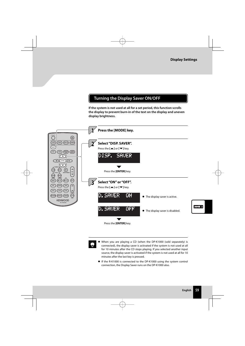 Turning the display saver on/off, Display settings, Select “on” or “off | Select “disp. saver, Press the [mode] key | Kenwood AMPLIFIER/TUNER R-K1000 User Manual | Page 59 / 68