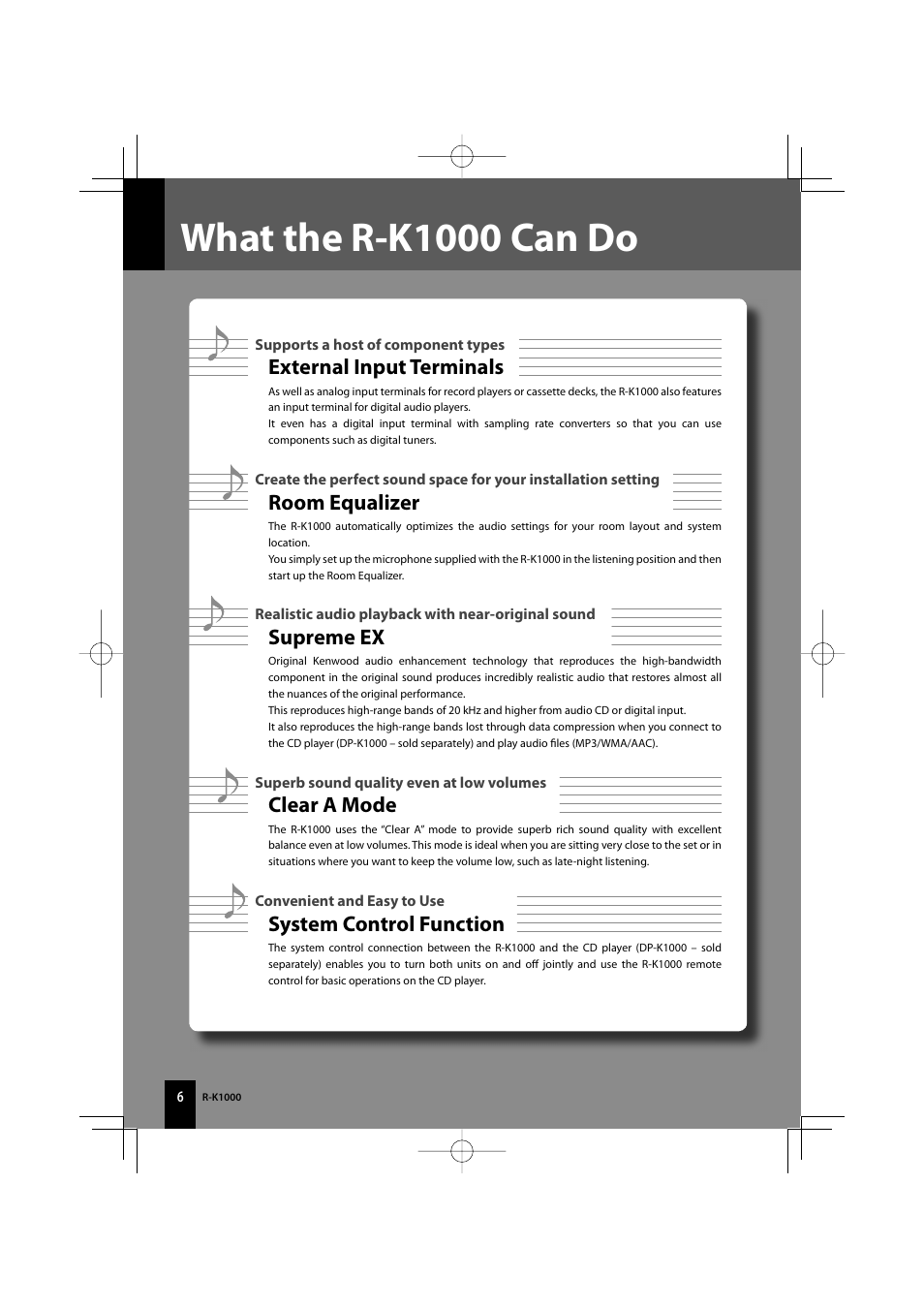 What the r-k1000 can do, External input terminals, Room equalizer | Supreme ex, Clear a mode, System control function | Kenwood AMPLIFIER/TUNER R-K1000 User Manual | Page 6 / 68