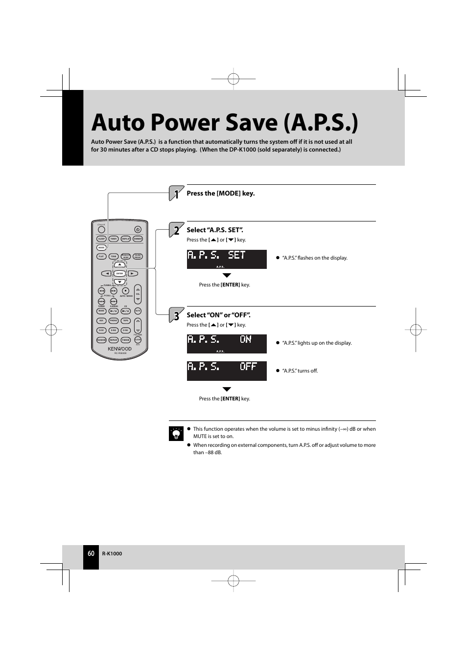 Auto power save (a.p.s.), Select “a.p.s. set, Select “on” or “off | Press the [mode] key | Kenwood AMPLIFIER/TUNER R-K1000 User Manual | Page 60 / 68