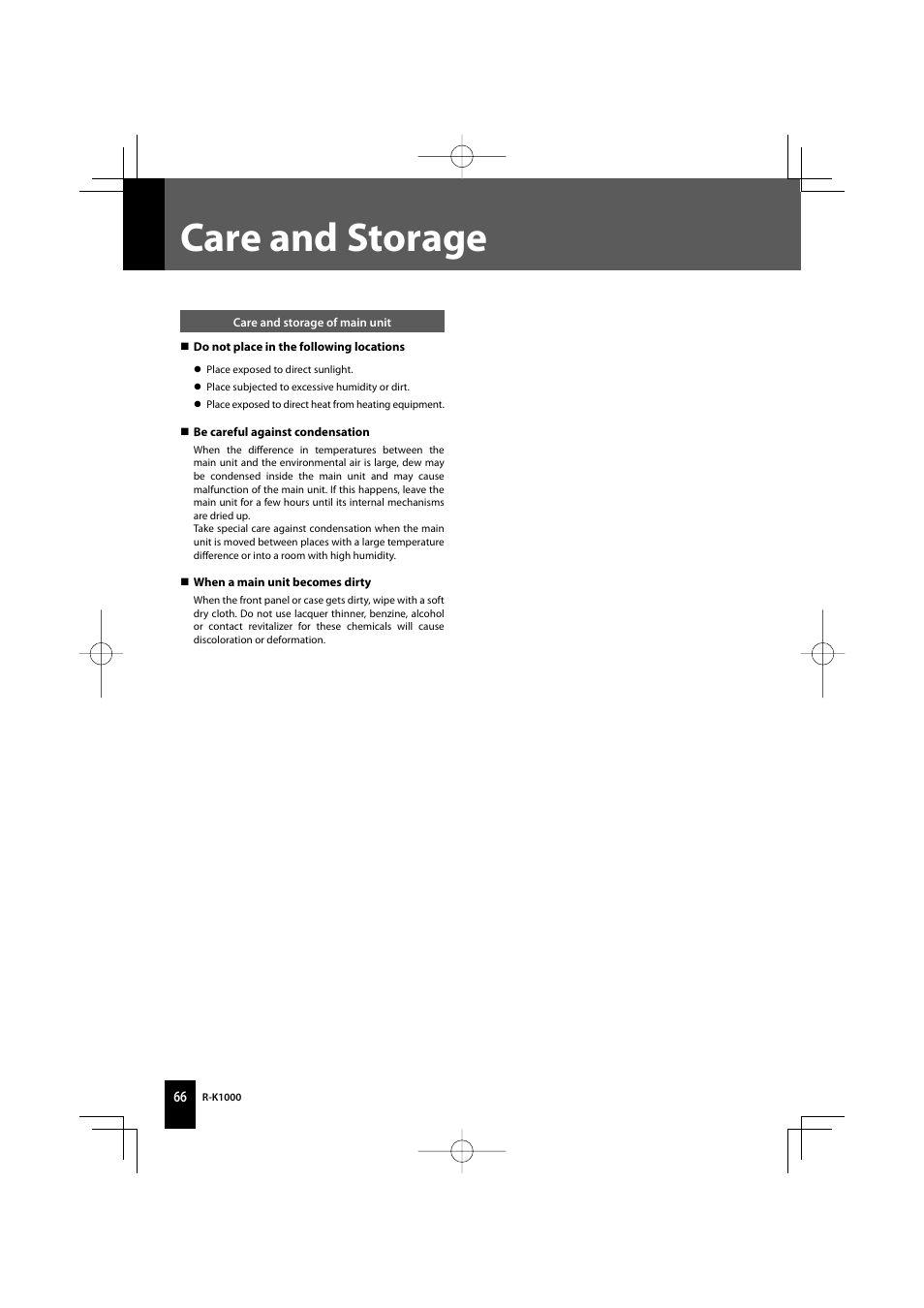 Care and storage | Kenwood AMPLIFIER/TUNER R-K1000 User Manual | Page 66 / 68