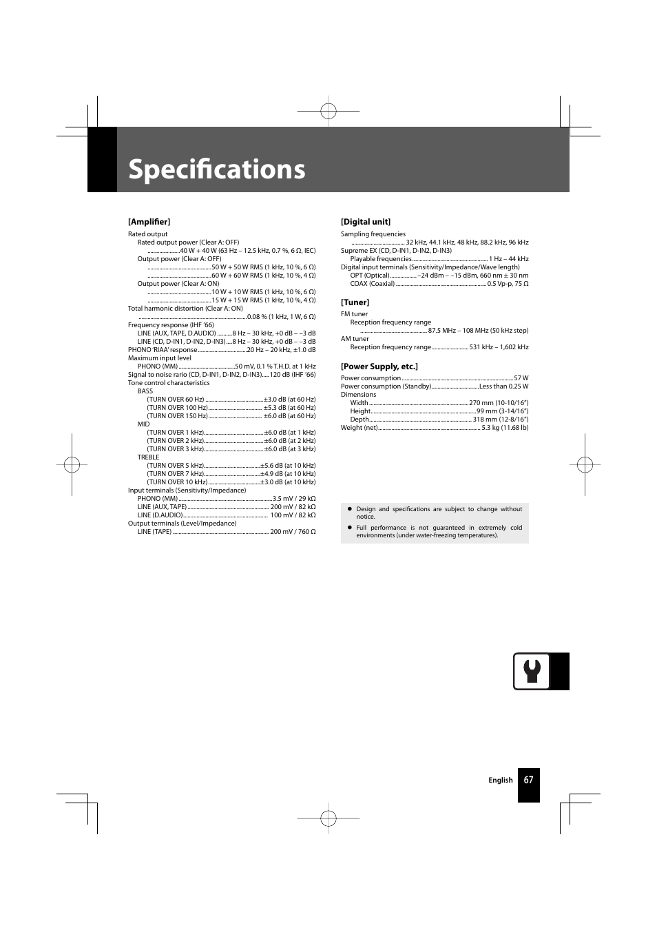 Specifi cations | Kenwood AMPLIFIER/TUNER R-K1000 User Manual | Page 67 / 68