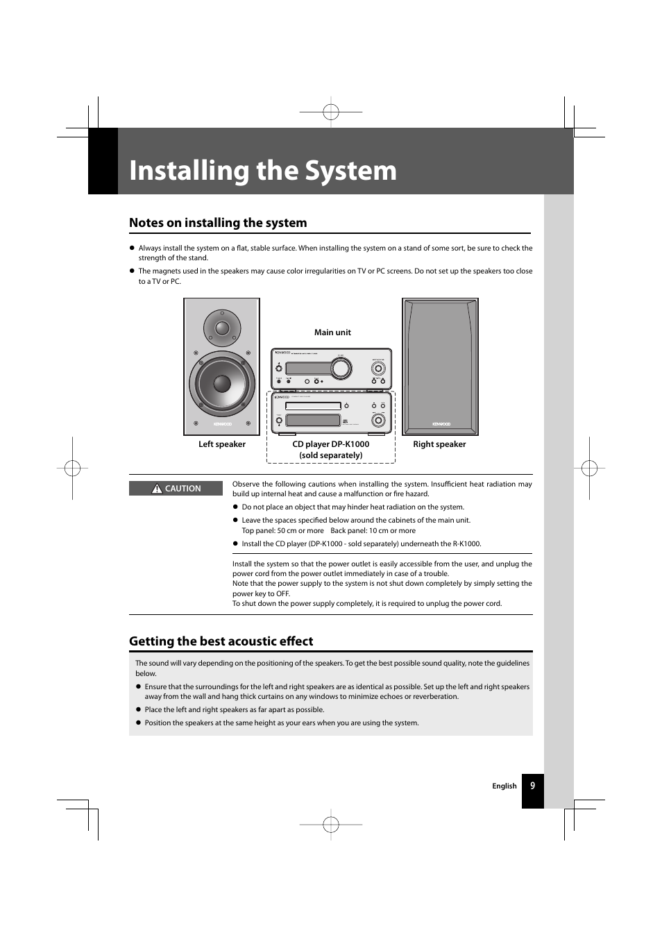 Installing the system, Getting the best acoustic eff ect | Kenwood AMPLIFIER/TUNER R-K1000 User Manual | Page 9 / 68