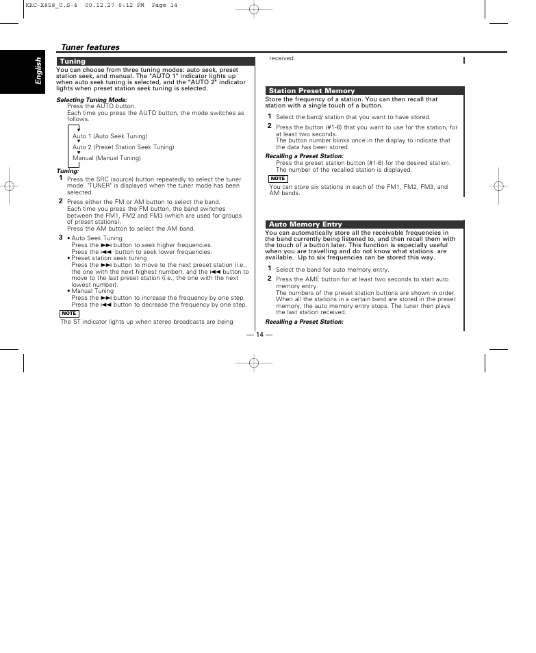 Tuning, Station preset memory, Auto memory entry | Tuner features | Kenwood KRC-708 User Manual | Page 14 / 49