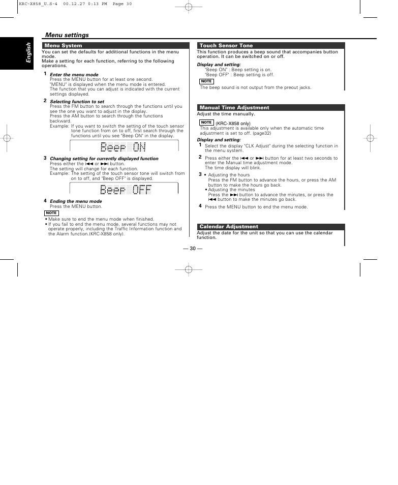 Menu system, Touch sensor tone, Manual time adjustment | Calendar adjustment, Menu settings | Kenwood KRC-708 User Manual | Page 30 / 49