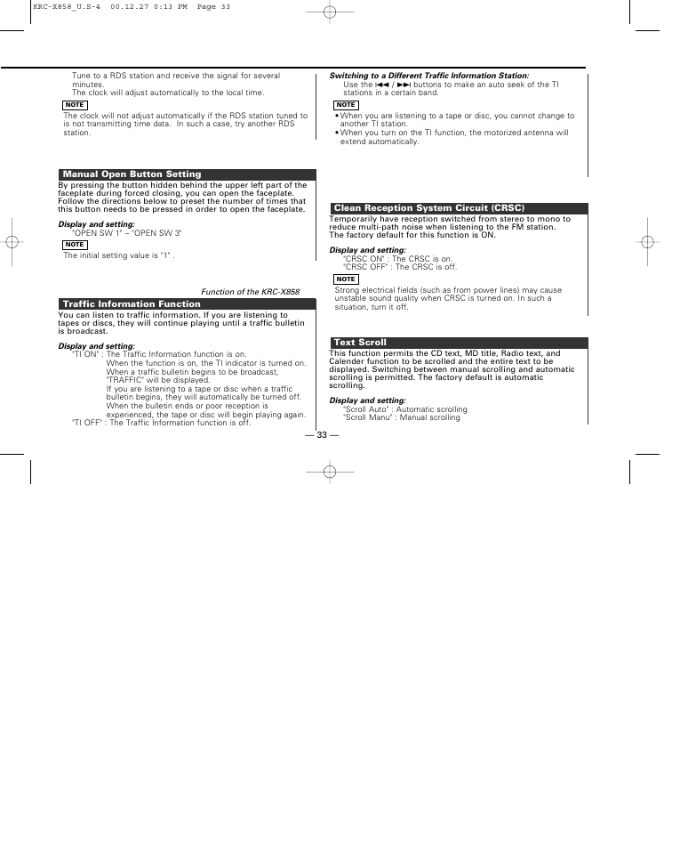 Manual open button setting, Traffic information function, Clean reception system circuit (crsc) | Text scroll | Kenwood KRC-708 User Manual | Page 33 / 49