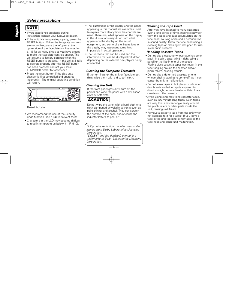 Safety precautions, English, 2 caution | Reset button, Cleaning the faceplate terminals, Cleaning the unit, Cleaning the tape head, Handling cassette tapes | Kenwood KRC-708 User Manual | Page 4 / 49