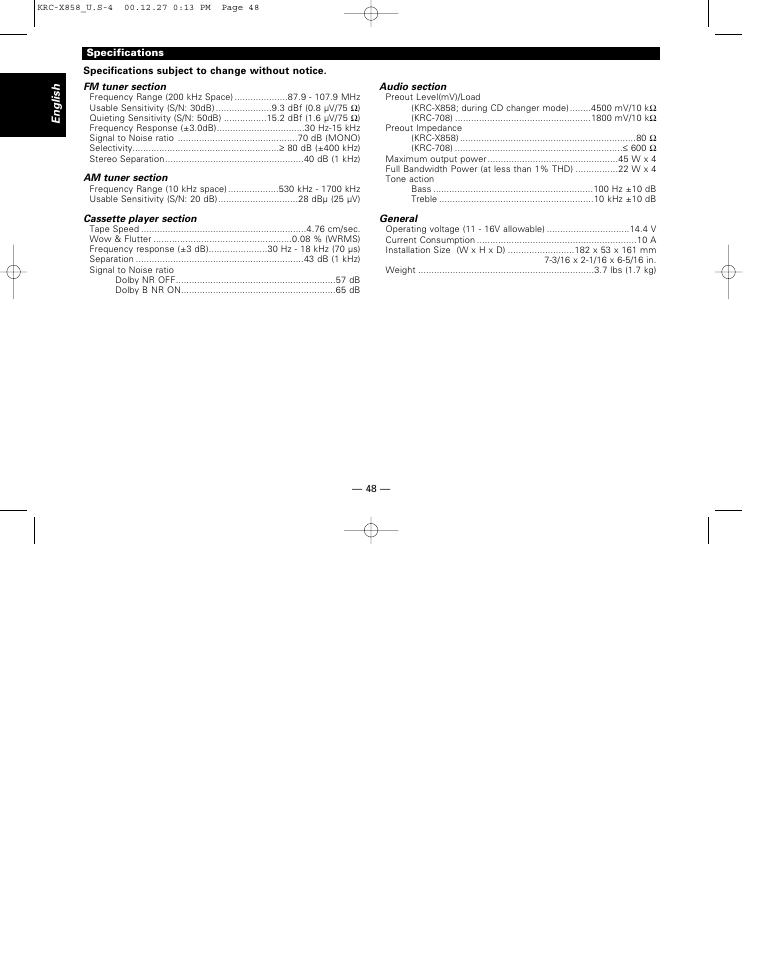 Specifications | Kenwood KRC-708 User Manual | Page 48 / 49