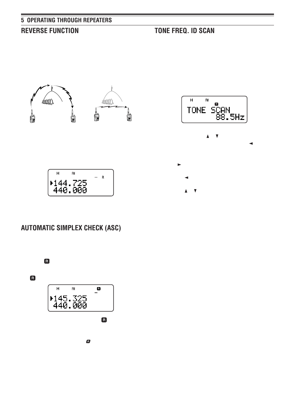 Reverse function, Automatic simplex check (asc), Tone freq. id scan | 5 operating through repeaters | Kenwood TH-F6A User Manual | Page 19 / 64