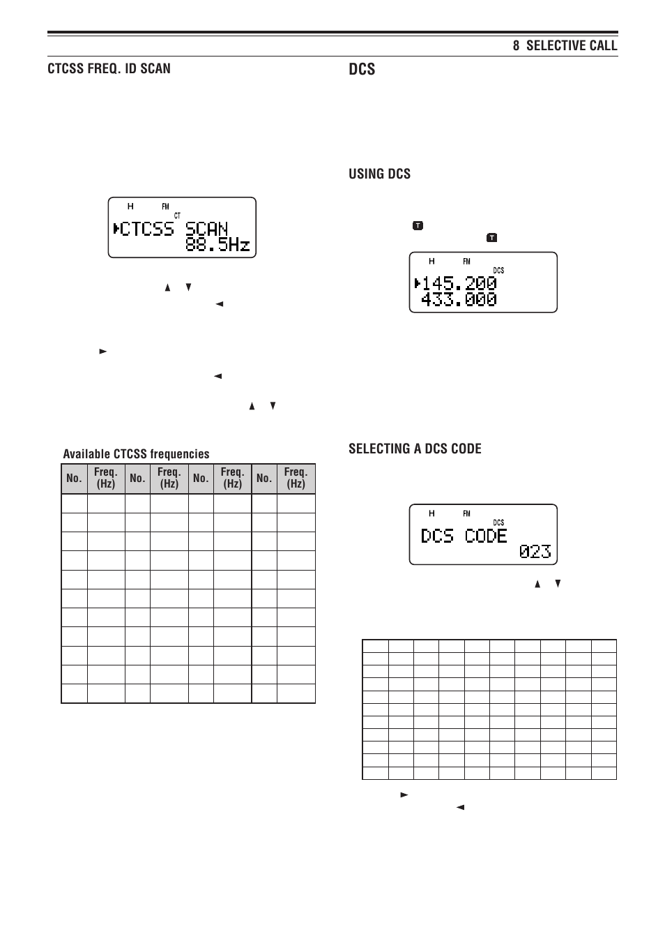 8 selective call ctcss freq. id scan, Using dcs, Selecting a dcs code | Kenwood TH-F6A User Manual | Page 34 / 64