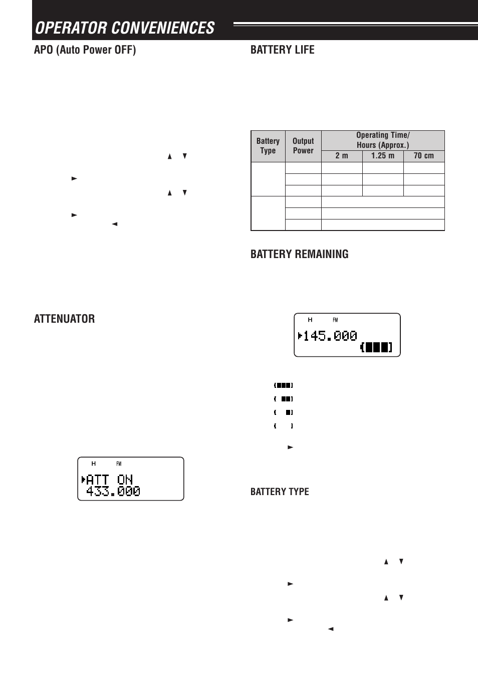 Operator conveniences, Battery life, Battery remaining | Apo (auto power off), Attenuator | Kenwood TH-F6A User Manual | Page 41 / 64