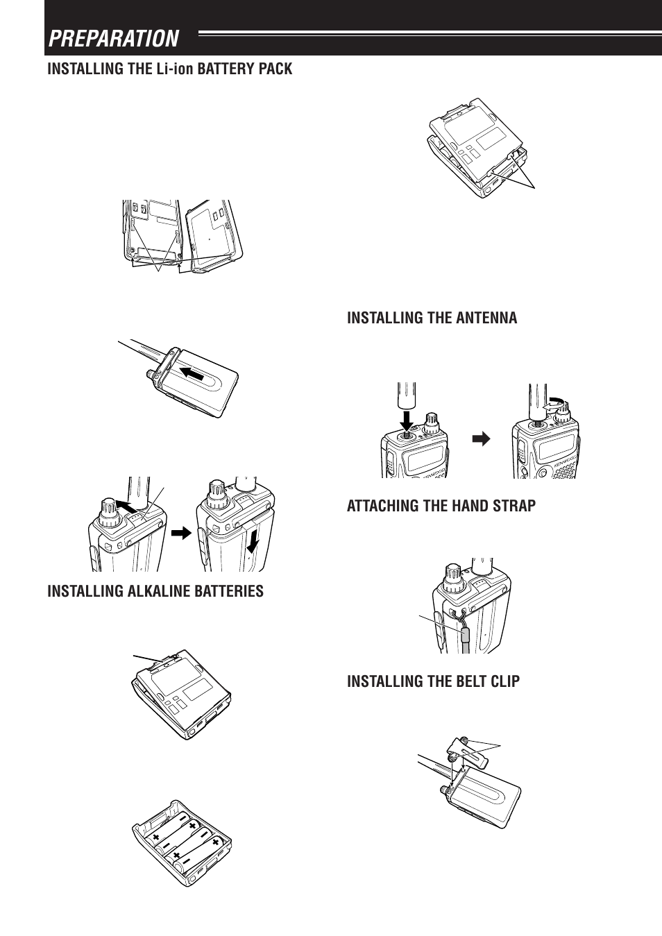 Preparation, Installing the li-ion battery pack, Installing alkaline batteries | Installing the antenna, Attaching the hand strap, Installing the belt clip | Kenwood TH-F6A User Manual | Page 6 / 64