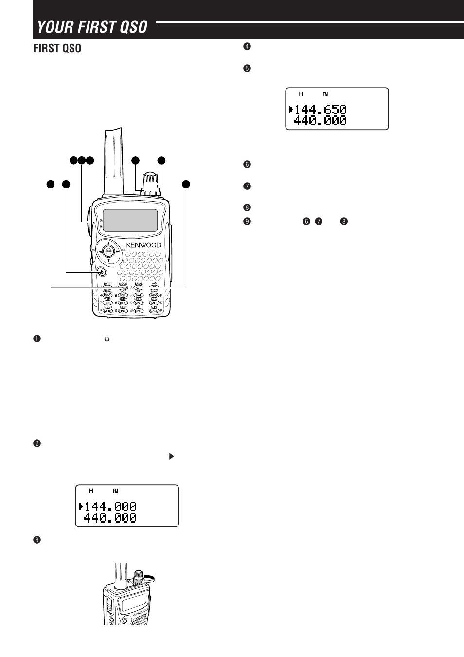 Your first qso, First qso | Kenwood TH-F6A User Manual | Page 8 / 64