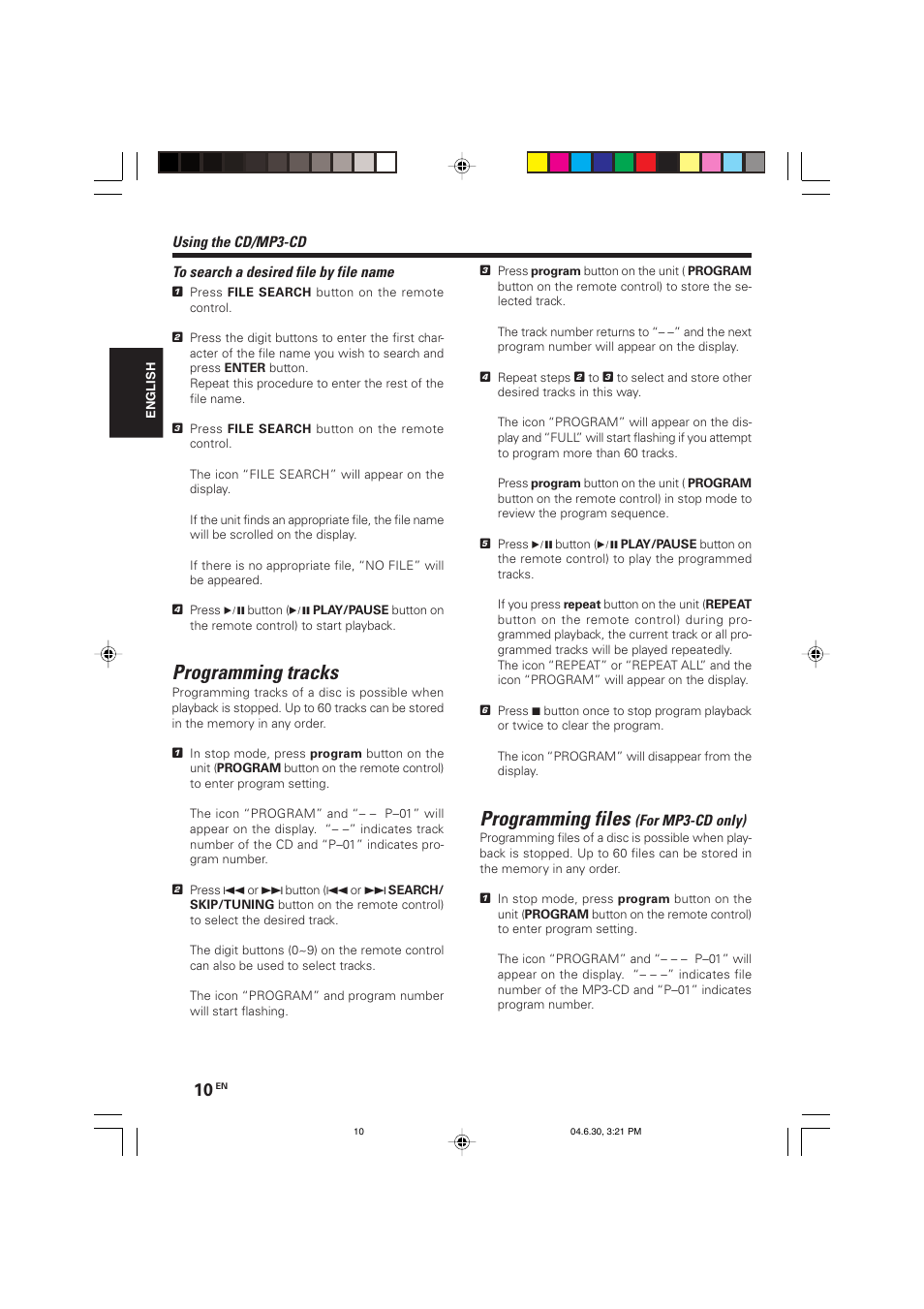 Programming tracks, Programming files | Kenwood HM-437MP User Manual | Page 10 / 20