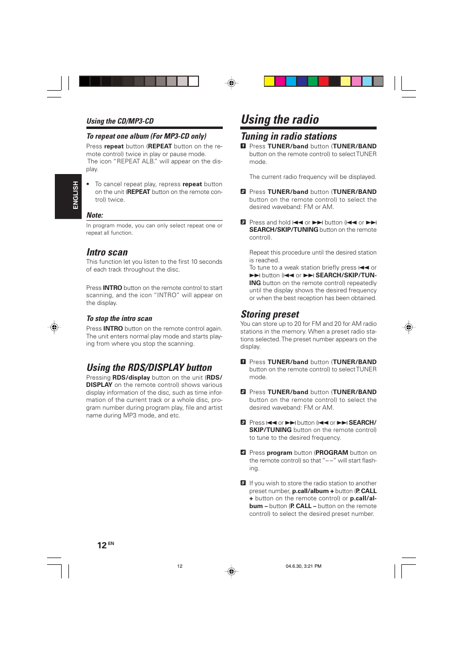 Using the radio, Tuning in radio stations, Storing preset | Intro scan, Using the rds/display button | Kenwood HM-437MP User Manual | Page 12 / 20