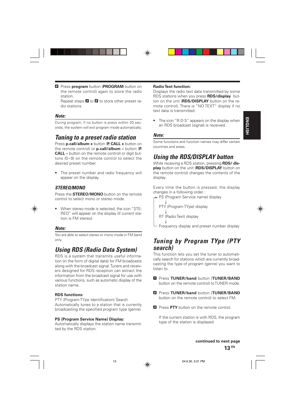 Using the radio, Tuning to a preset radio station, Using rds (radio data system) | Using the rds/display button, Tuning by program type (pty search) | Kenwood HM-437MP User Manual | Page 13 / 20