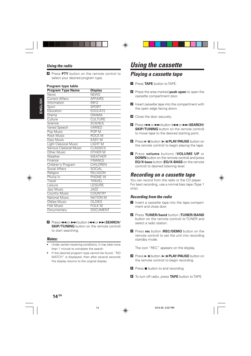 Using the cassette, Playing a cassette tape, Recording on a cassette tape | Kenwood HM-437MP User Manual | Page 14 / 20