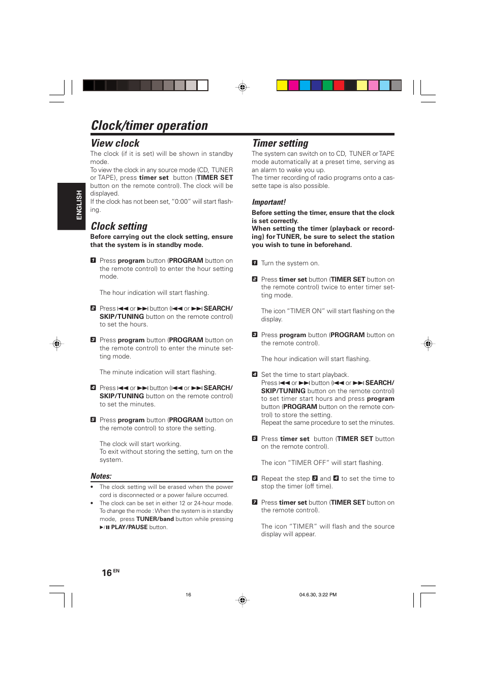 Clock/timer operation, Timer setting, View clock | Clock setting | Kenwood HM-437MP User Manual | Page 16 / 20