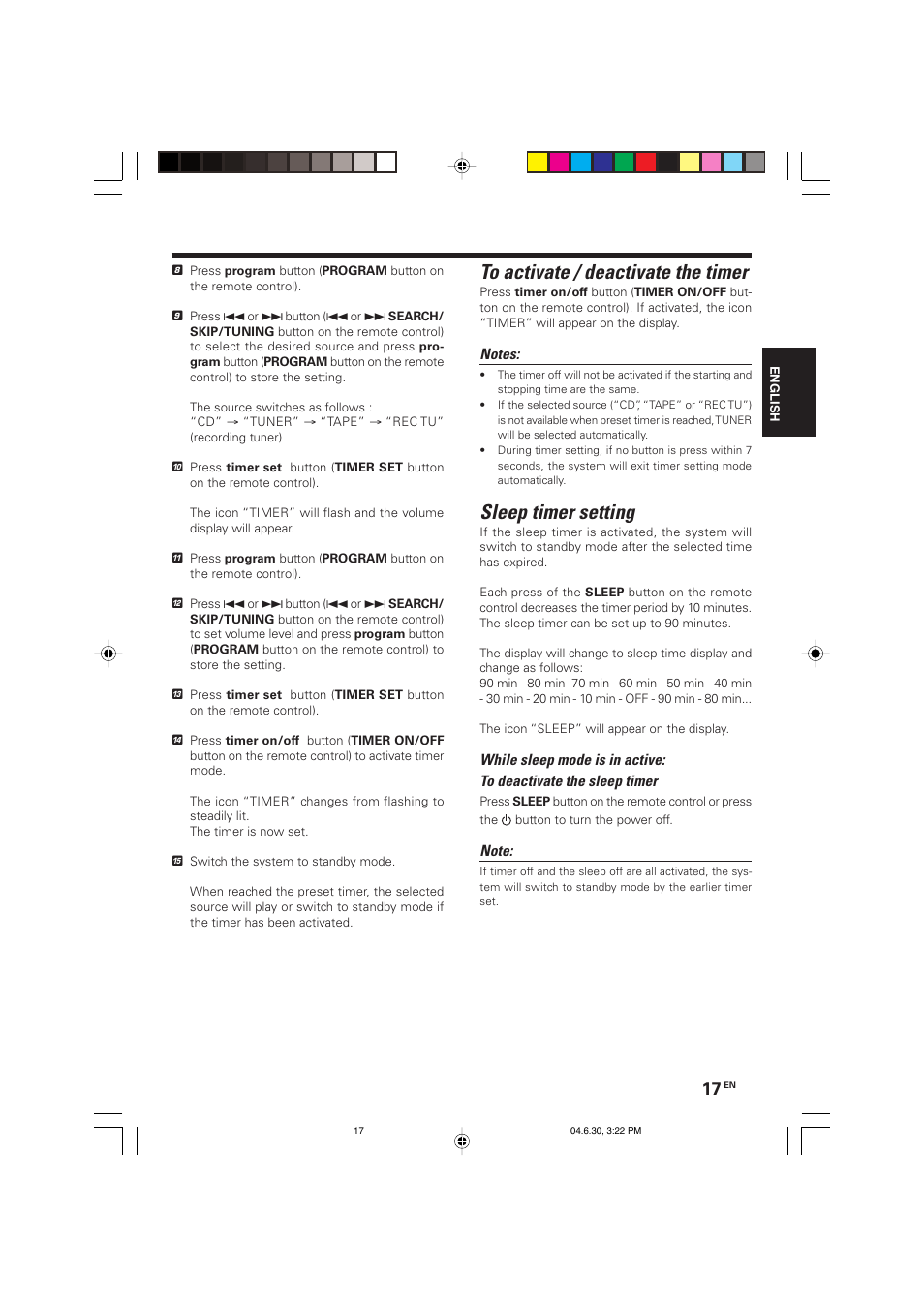 Sleep timer setting | Kenwood HM-437MP User Manual | Page 17 / 20