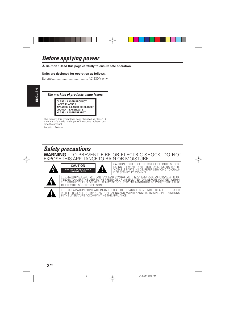 Before applying power, Safety precautions | Kenwood HM-437MP User Manual | Page 2 / 20