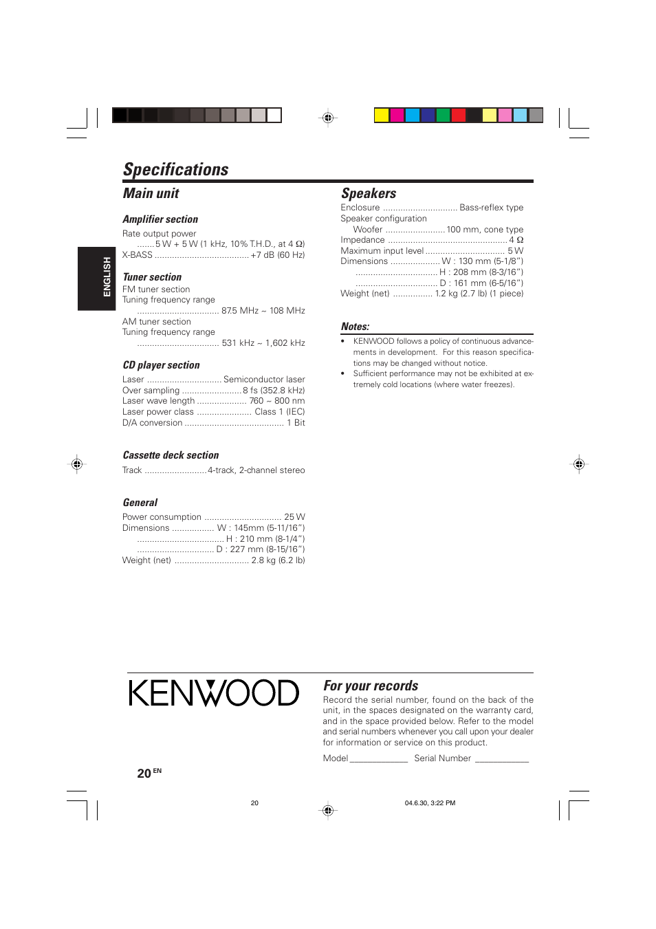 Specifications, Main unit, Speakers | For your records | Kenwood HM-437MP User Manual | Page 20 / 20