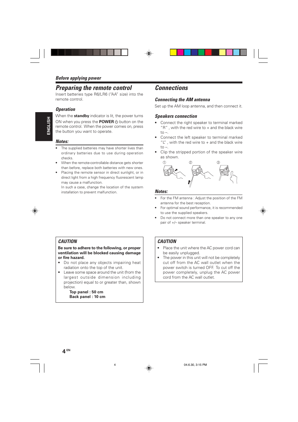 Preparing the remote control, Connections | Kenwood HM-437MP User Manual | Page 4 / 20