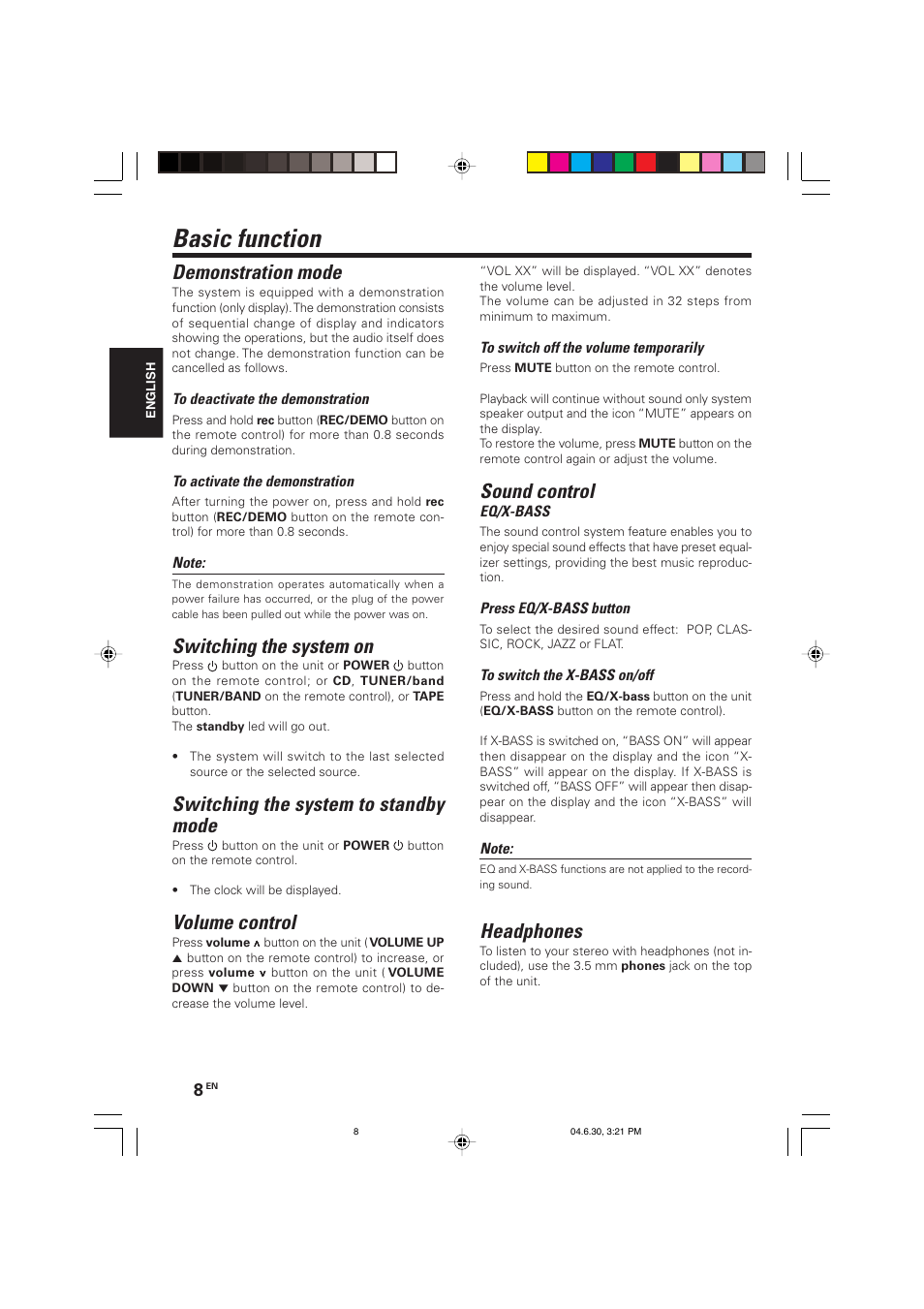 Basic function, Demonstration mode, Switching the system on | Switching the system to standby mode, Volume control, Sound control, Headphones | Kenwood HM-437MP User Manual | Page 8 / 20