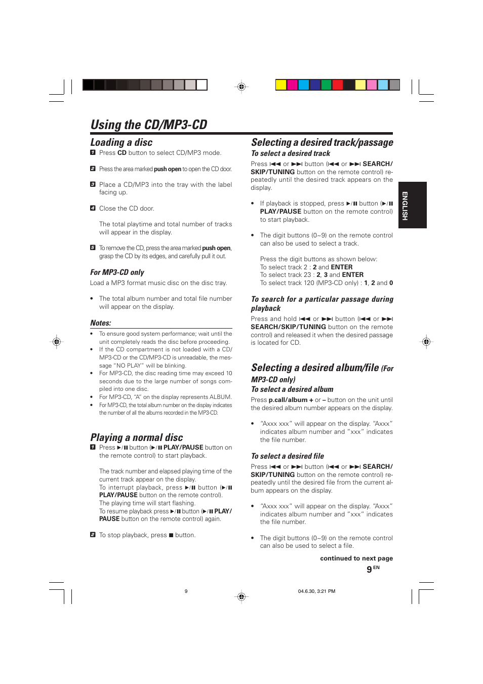 Using the cd/mp3-cd, Loading a disc, Playing a normal disc | Selecting a desired track/passage, Selecting a desired album/file | Kenwood HM-437MP User Manual | Page 9 / 20