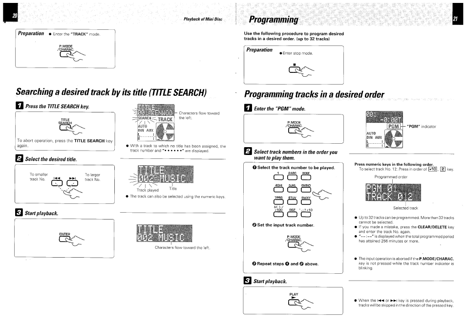 D press the title search key, Select the desired title, Programming | Preparation, Programming tracks in a desired order, D enter the "pgm" mode, Repeat steps o and q above, Cd cd, Cd cd cd | Kenwood DM-VH7 User Manual | Page 11 / 26