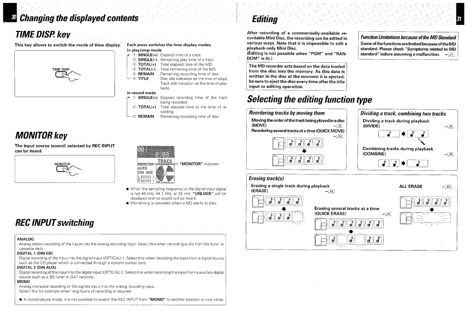 Changing the displayed contents, Editing, Time disr key | This key allows to switch the mode of time display, Monitor key, Rec input switching, Function limitations because of the md standard, Selecting the editing function type, Erasing track(s), All erase | Kenwood DM-VH7 User Manual | Page 16 / 26