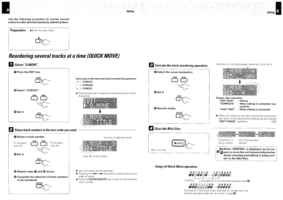 Reordering several tracks at a time (quickmove), Q select "q.move, Gd cd | Select track numbers in the new order you want, Execute the track reordering operation, Eject the mini disc, Image of quick move operation, Reordering several tracks at a time (quick move) | Kenwood DM-VH7 User Manual | Page 18 / 26