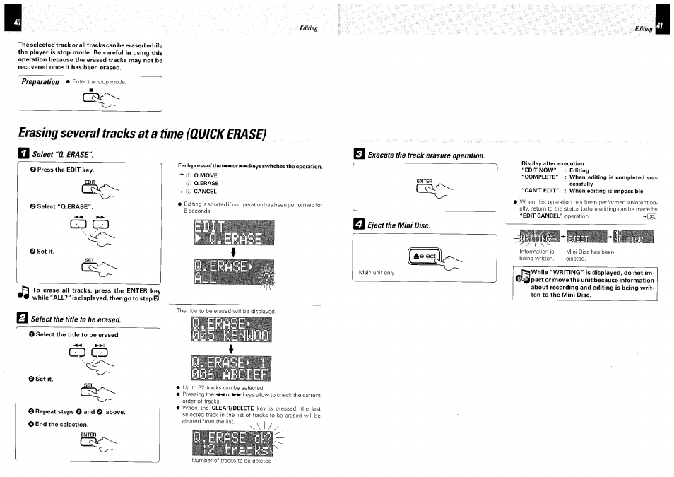 Preparation, Erasing several tracks at a time (quickerase), D select "a. erase | Select the title to be erased, Gd cd, Q eject the mini disc, Erasing several tracks at a time (quick erase), Q.erase► 005 kennoo, 006 flbcdef, Q.erased i | Kenwood DM-VH7 User Manual | Page 21 / 26