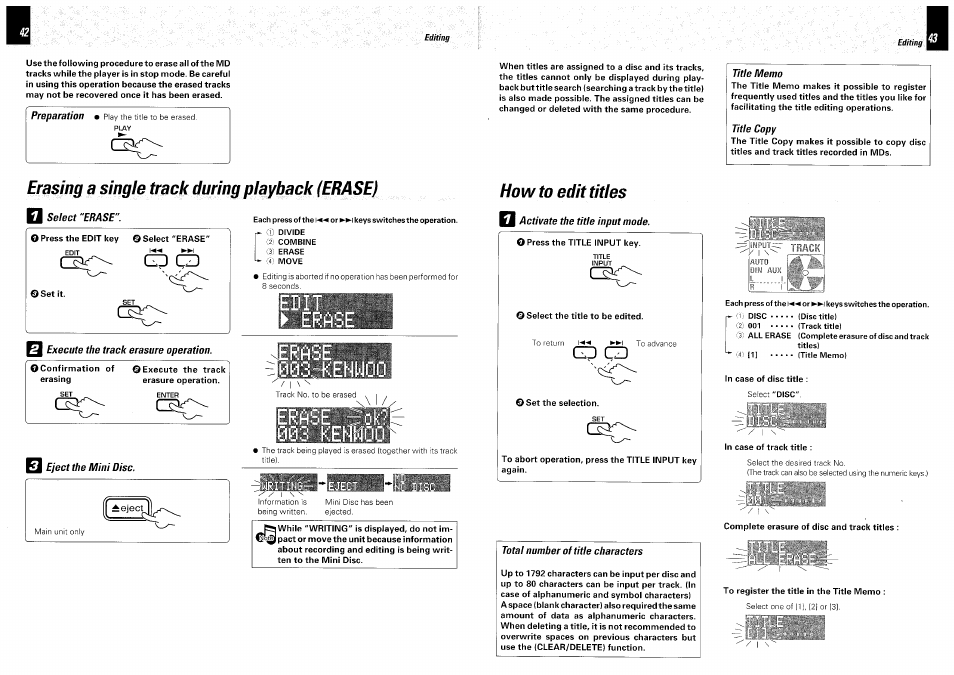 Preparation, Title memo, Title copy | Erasing a single track during playback (erase), Select "erase, Gd cd, Howto edit titles, Activate the title input mode, Total number of title characters, Eras | Kenwood DM-VH7 User Manual | Page 22 / 26