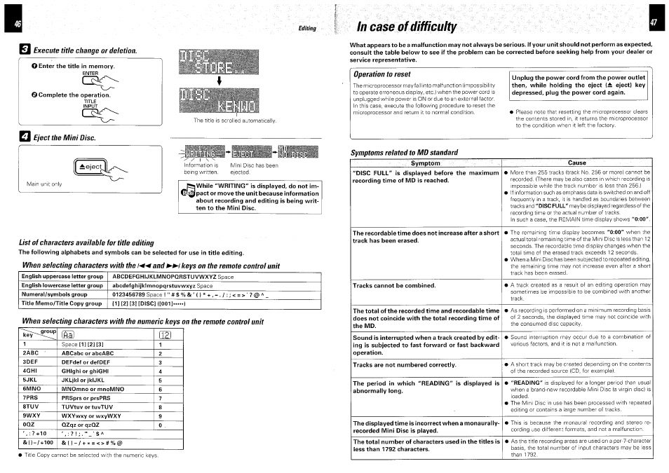 Execute title change or deletion, O enter the title in memory, G complete the operation | Yim eject the mini disc, List of characters available for title editing, In case of difficulty, Operation to reset, Symptoms related to md standard | Kenwood DM-VH7 User Manual | Page 24 / 26