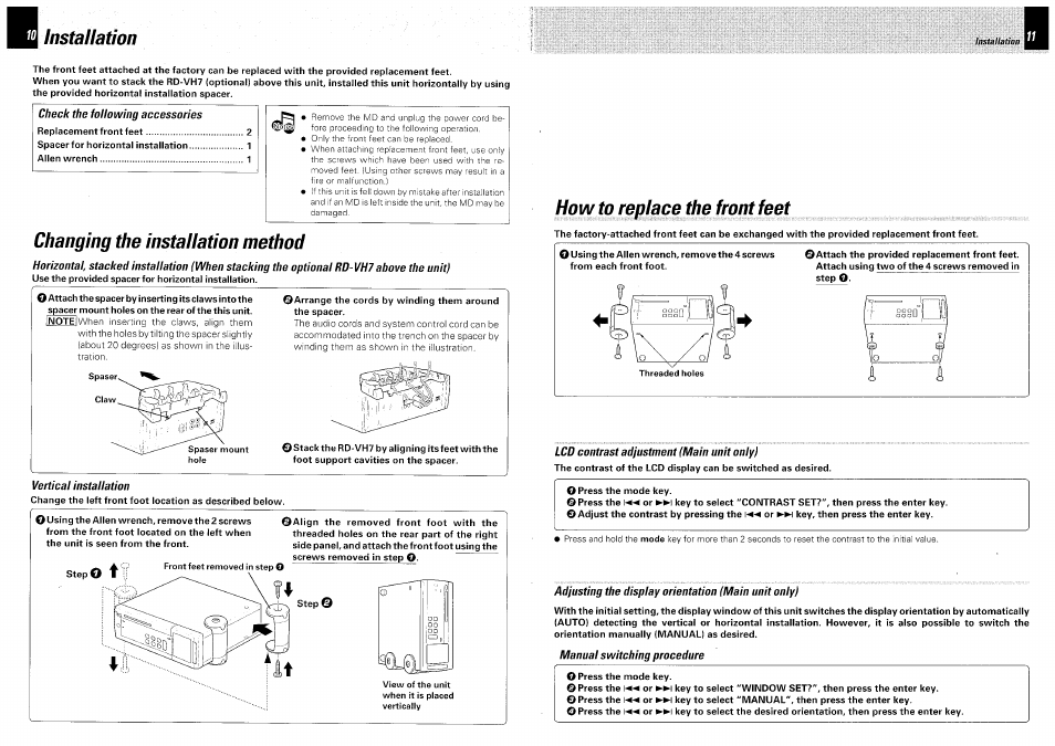 Check the following accessories, Changing the installation method, Vertical installation | How to replace the front feet, Lcd contrast adjustment (main unit only), Adjusting the display orientation (main unit only), Manual switching procedure, Installation | Kenwood DM-VH7 User Manual | Page 6 / 26