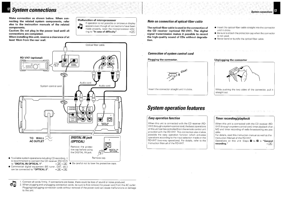 Note on connection of optical-fiber cable, Connection of system control cord, Plugging the connector | System connections, System operation features | Kenwood DM-VH7 User Manual | Page 7 / 26