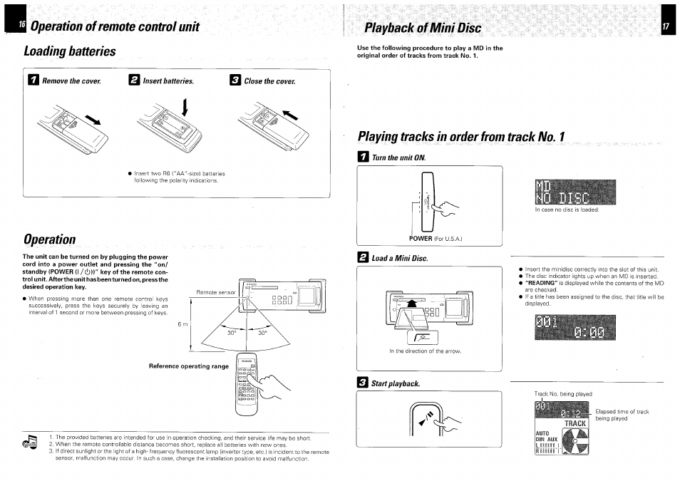 Operation of remote control unit loading batteries, Playback of mini disc, Remove the cover | Insert batteries, Close the cover, Playing tracks in order from track no. 1, Turn the unit on, Operation, Start playback | Kenwood DM-VH7 User Manual | Page 9 / 26