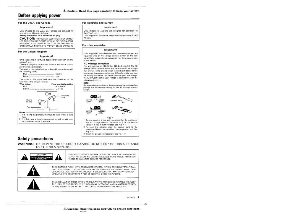 Before applying power, Safety precautions | Kenwood KT-5020 User Manual | Page 3 / 12